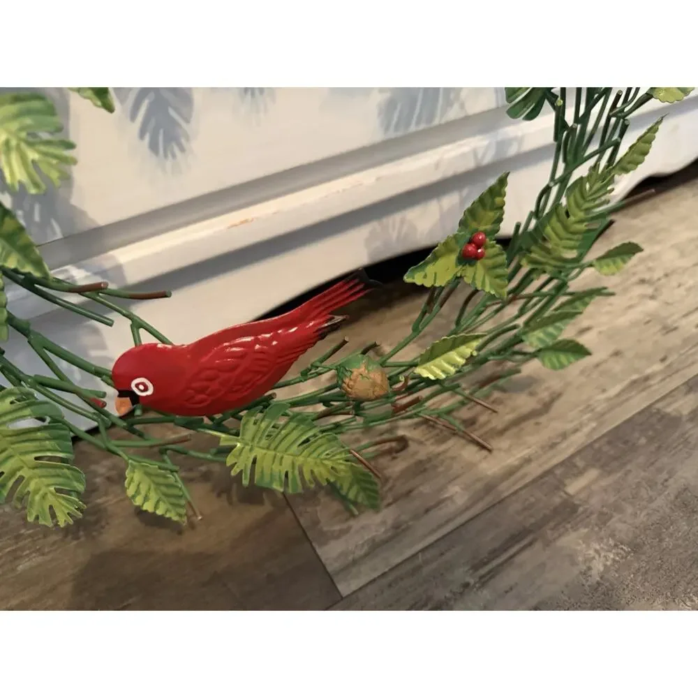 Vintage Metal Cardinal Wreath Wall Decor Red Birds Green Leaves Rustic 18”